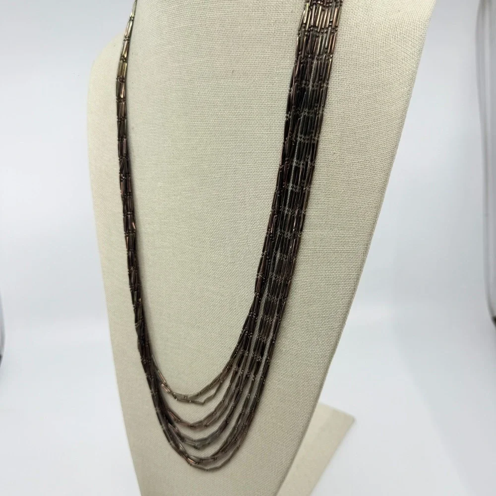 Bronze Tone Bugle Bead Multi Strand Necklace Layered Boho Statement Jewelry
